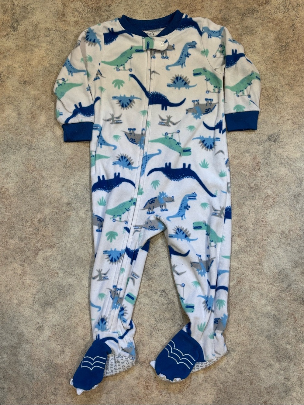 Carter's White Footed One-Piece with Blue, Gray & Green Dinosaur Print